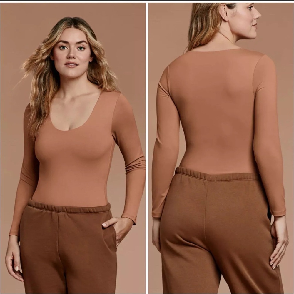 NUUDS‎ Women’s Scoop Neck Long Sleeve Bodysuit – Brown, Size Large